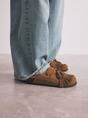 Tan Brown Signature Premium Leather Suede Fringe Footbed Mules - Image 3 of 4