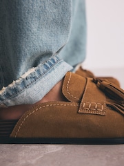 Tan Brown Signature Premium Leather Suede Fringe Footbed Mules - Image 4 of 4