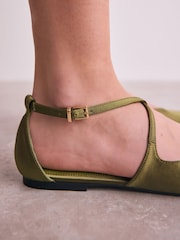 Green Satin Forever Comfort® Pointed Toe Ankle Strap Shoes - Image 3 of 9