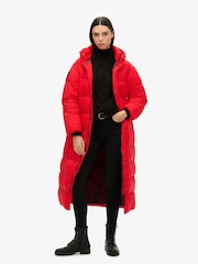 Superdry Red Cocoon Longline Puffer 100% Cotton Coat - Image 1 of 4