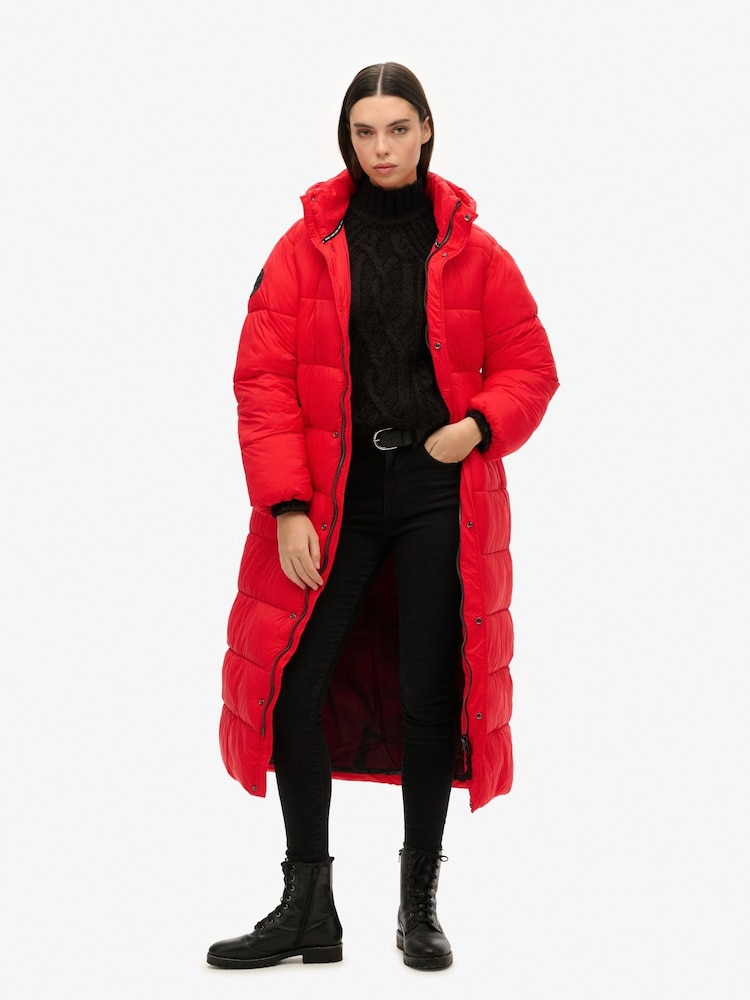 Superdry Red Cocoon Longline Puffer 100% Cotton Coat - Image 1 of 4