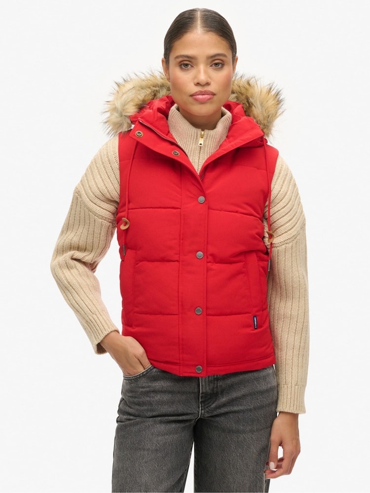 Superdry Red Everest Faux Fur Puffer 100% Cotton Gilet - Image 1 of 5