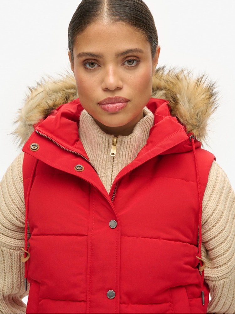 Superdry Red Everest Faux Fur Puffer 100% Cotton Gilet - Image 5 of 5