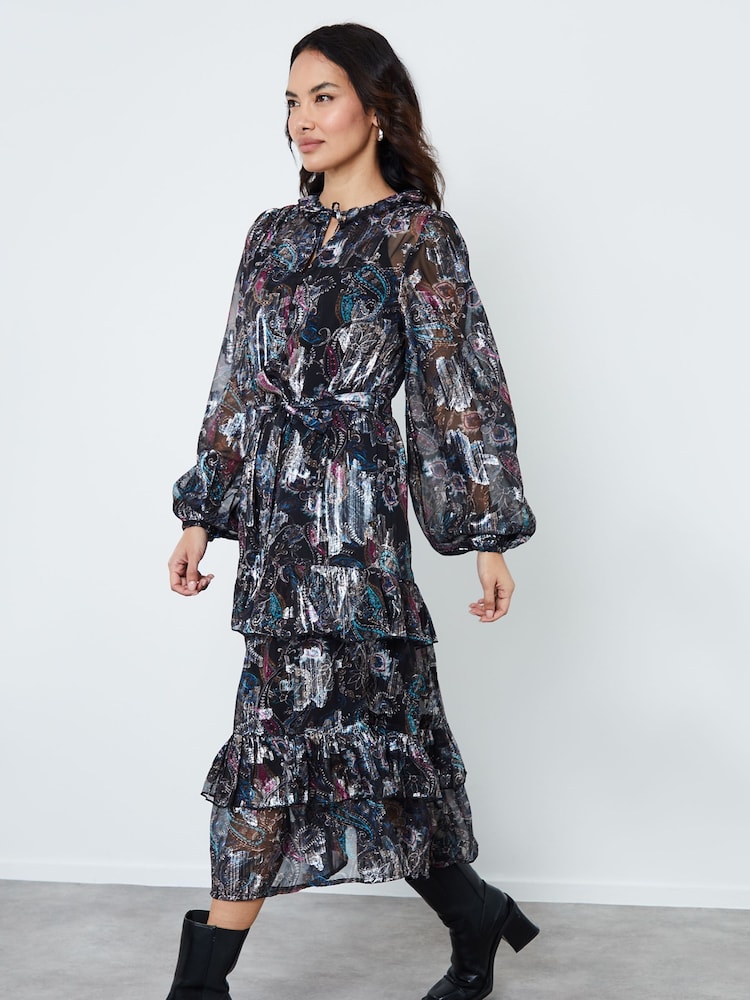 Another Sunday Black Ruffle Detail Tiered Dress With Long Sleeve - Image 1 of 5