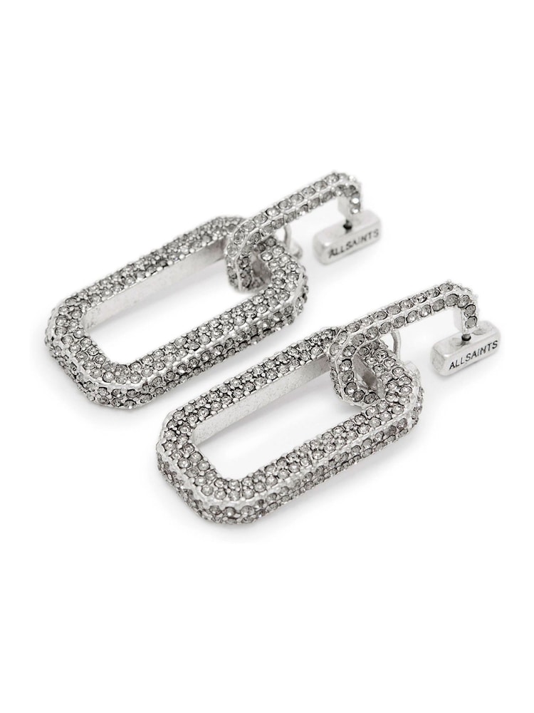 AllSaints Silver Tone Pave Link Drop Earrings - Image 2 of 4