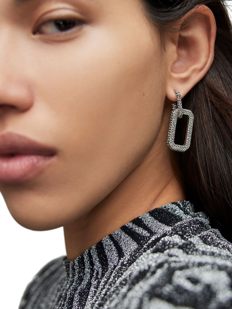 AllSaints Silver Tone Pave Link Drop Earrings - Image 4 of 4
