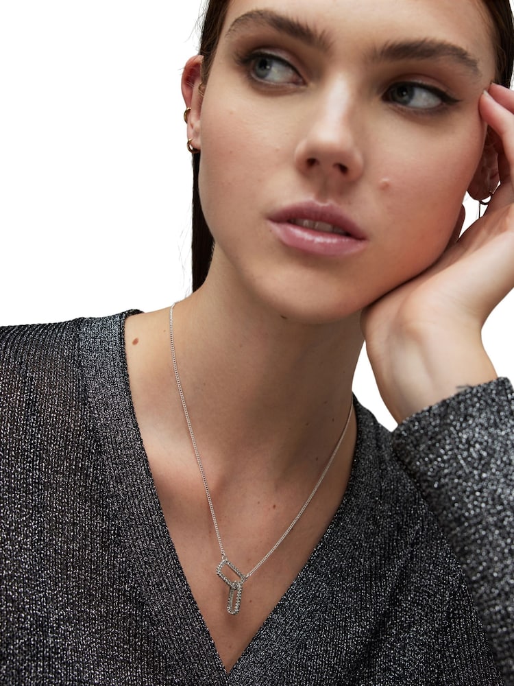 AllSaints Silver Tone Pave Link Pendant Necklace - Image 4 of 4