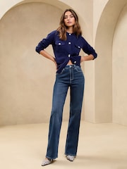 Lipsy Dark Blue Petite Mid Rise Wide Leg Jeans - Image 1 of 9