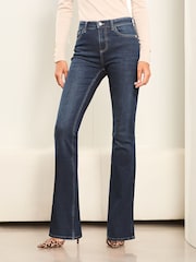 Lipsy Dark Blue Wash Petite Mid Rise Flare Jeans - Image 1 of 4