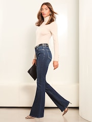 Lipsy Dark Blue Wash Petite Mid Rise Flare Jeans - Image 2 of 4