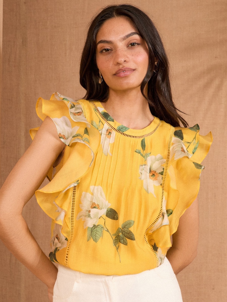 Love & Roses Buttermilk Yellow Short Sleeve Ruffle Pintuck Blouse - Image 1 of 4