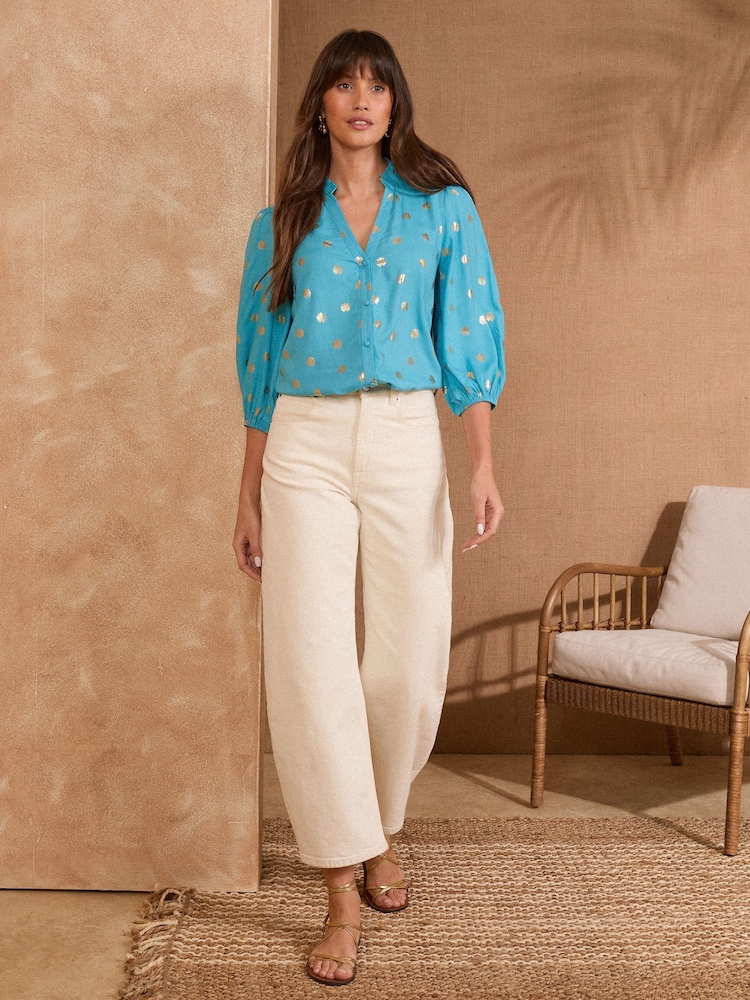 Blauw met schelp - Love & Roses Pie Crust Detail 3/4 Sleeve Blouse - Image 3 of 4