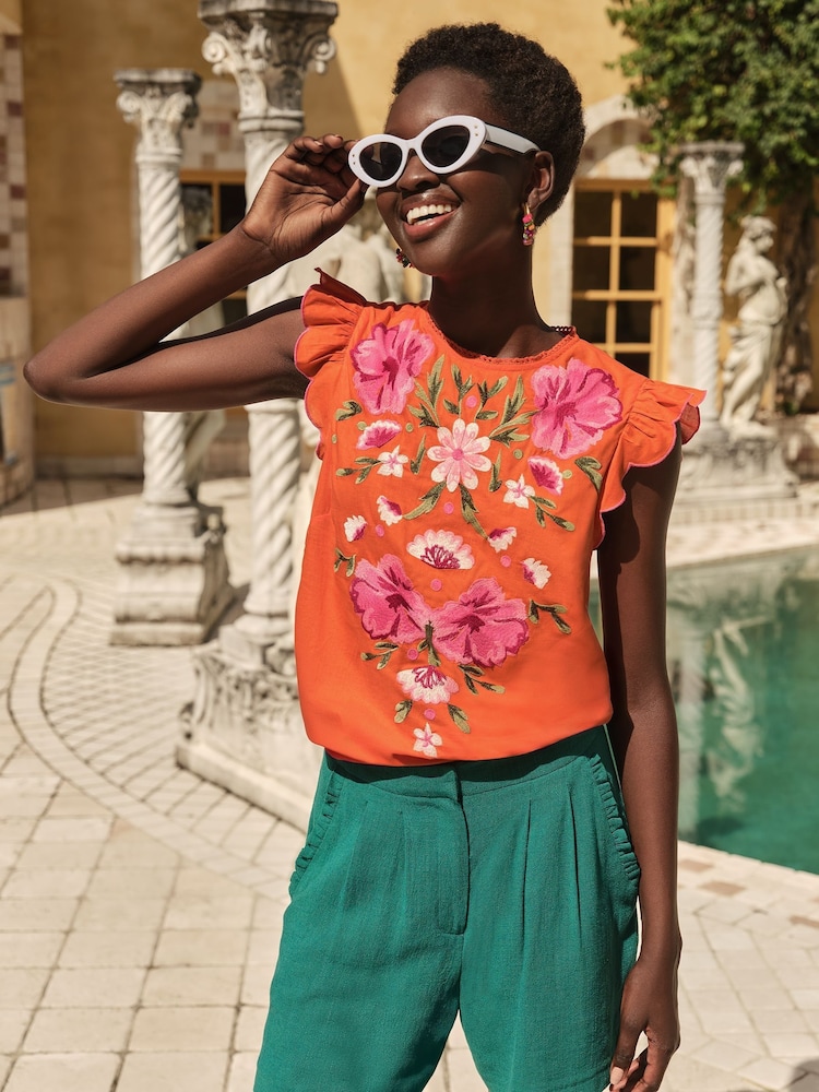 Love & Roses Orange Crew Neck Short Sleeve Embroidered Top - Image 1 of 4