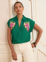 Love & Roses Green Printed Roll Sleeve Shirt - Image 1 of 4