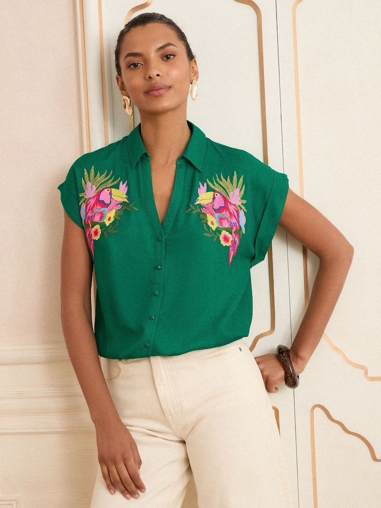 Love & Roses Green Printed Roll Sleeve Shirt - Image 1 of 4