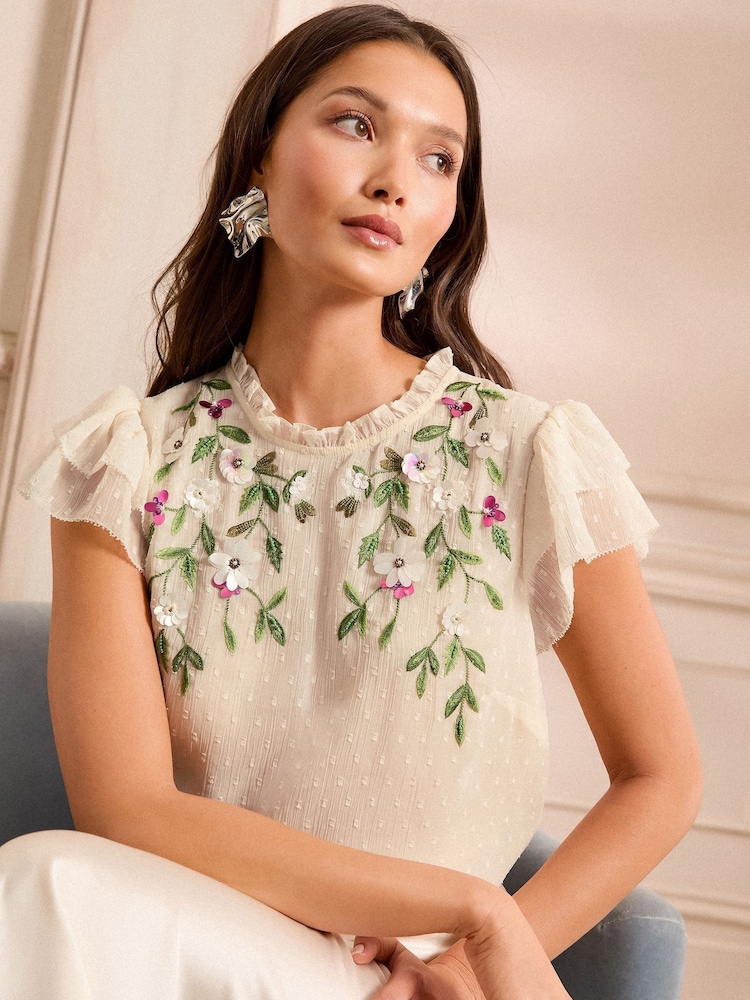 Love & Roses Ivory Embellished Short Sleeve Crew Neck Top - Image 1 of 5
