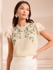 Love & Roses Ivory Embellished Short Sleeve Crew Neck Top - Image 3 of 5