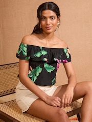 Schwarz/Blumenmuster - Love & Roses Bedrucktes Bardot-Top - Bild 1 von 4