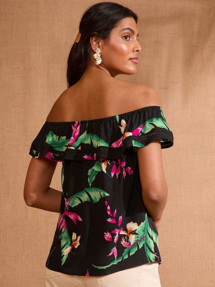 Schwarz/Blumenmuster - Love & Roses Bedrucktes Bardot-Top - Bild 4 von 4