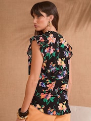 Schwarz/Blumenmuster - Love & Roses Print Flutter Sleeve Printed V-Neck Blouse - Bild 4 von 4