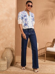 Love & Roses Ivory Floral 3/4 Sleeve Print Placement 100% Cotton Blouse - Image 2 of 4