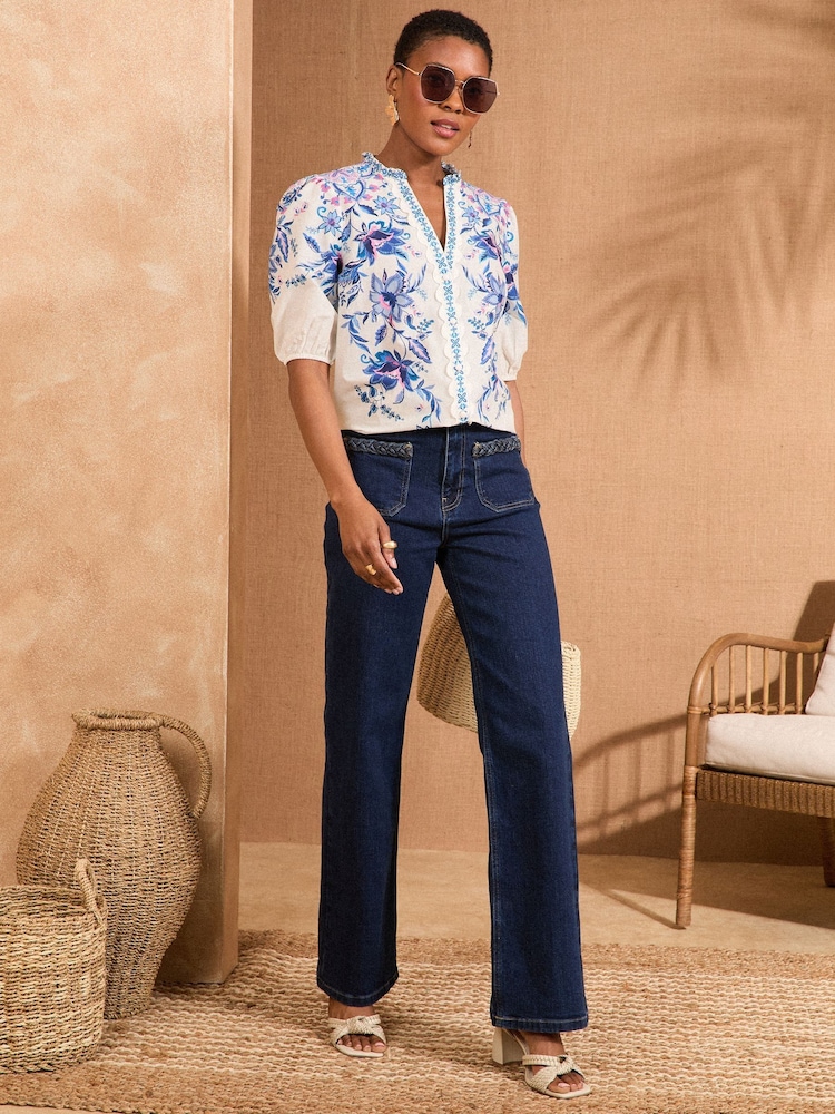 Love & Roses Ivory Floral 3/4 Sleeve Print Placement 100% Cotton Blouse - Image 2 of 4
