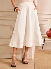 Love & Roses Ecru Denim Fit and Flare Midi Skirt - Image 1 of 5