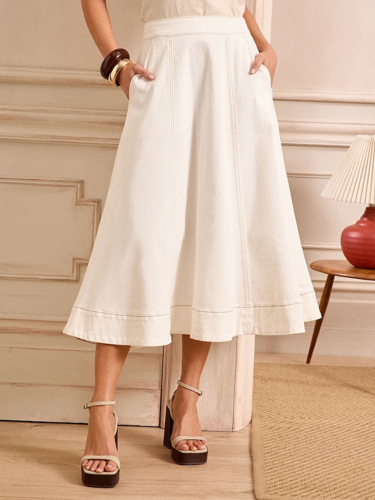 Love & Roses Ecru Denim Fit and Flare Midi Skirt - Image 1 of 5