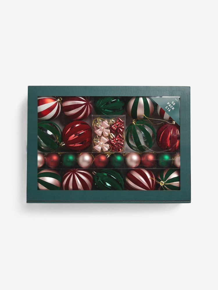 50 Pack Red Green Stripe Shatterproof Christmas Baubles - Image 1 of 5