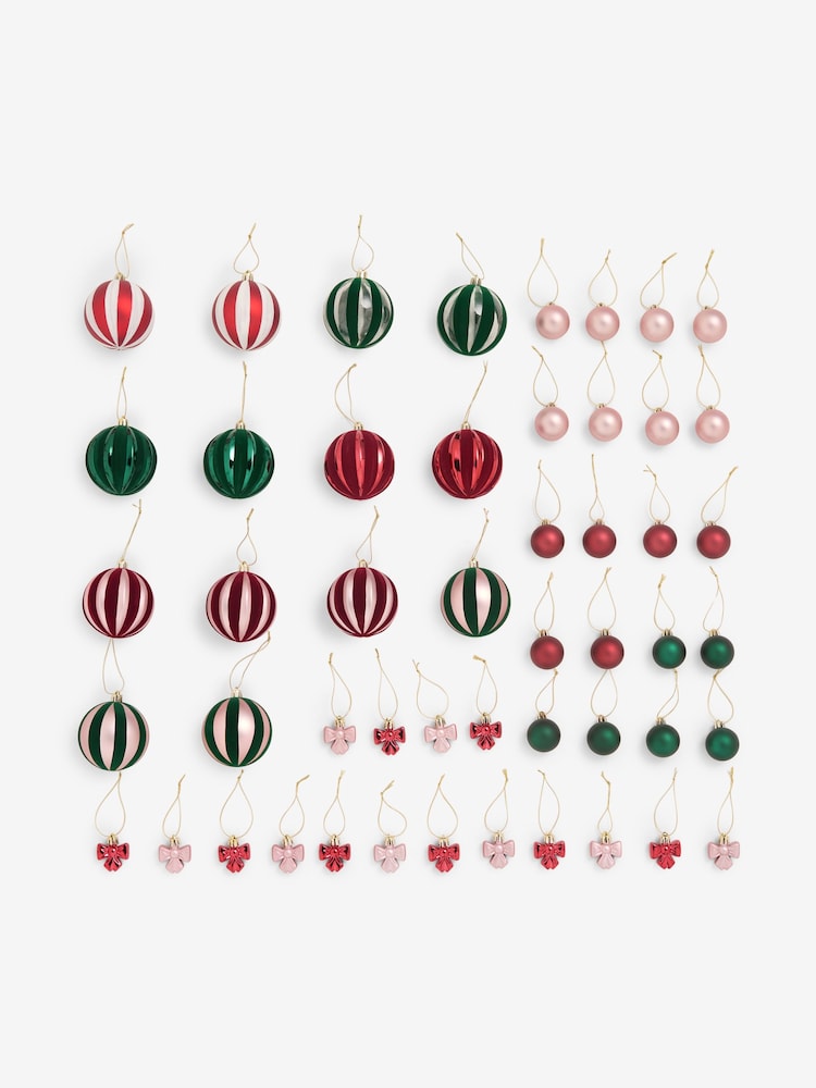50 Pack Red Green Stripe Shatterproof Christmas Baubles - Image 2 of 5