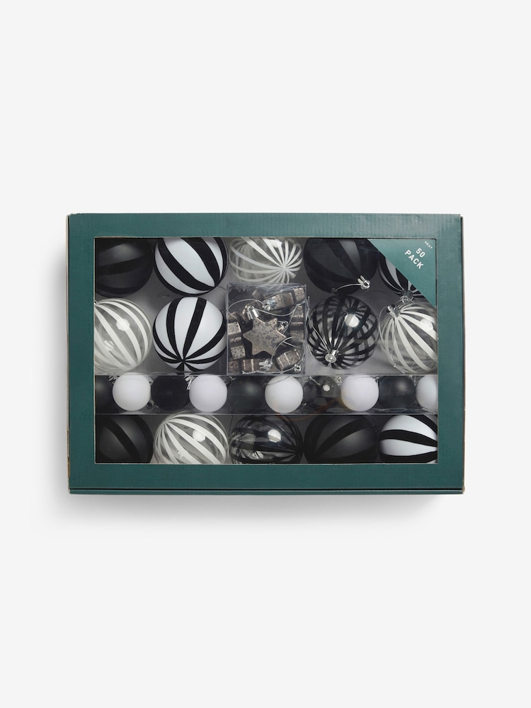 50 Pack Monochrome Stripe Shatterproof Christmas Baubles - Image 1 of 5
