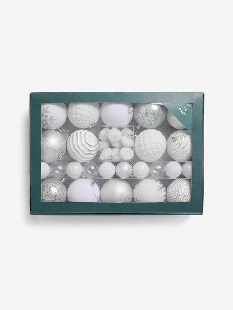 50 Pack White Shatterproof Christmas Baubles - Image 1 of 2