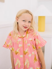 Their Nibs Pink Bananas Girls Frill Cotton Short Pyjama Set - Image 3 of 5