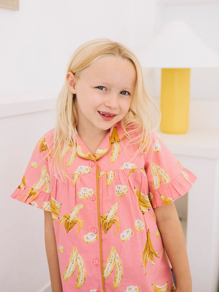 Their Nibs Pink Bananas Girls Frill Cotton Short Pyjama Set - Image 3 of 5