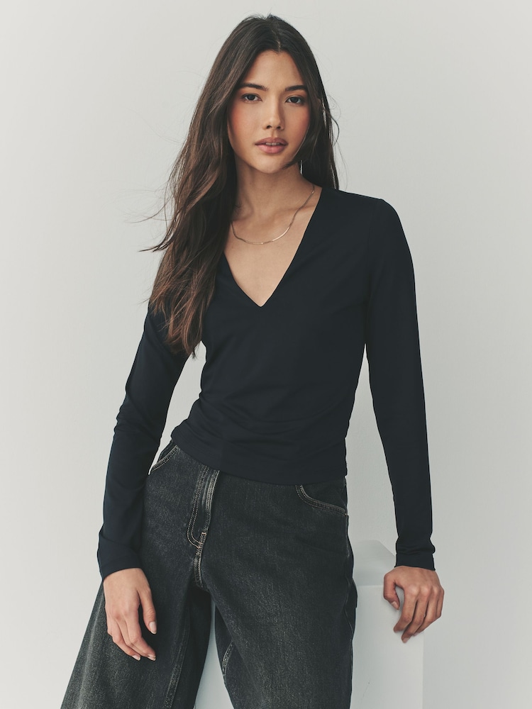Black Soft Touch Polyamide Long Sleeve V-Neck Top - Image 1 of 7