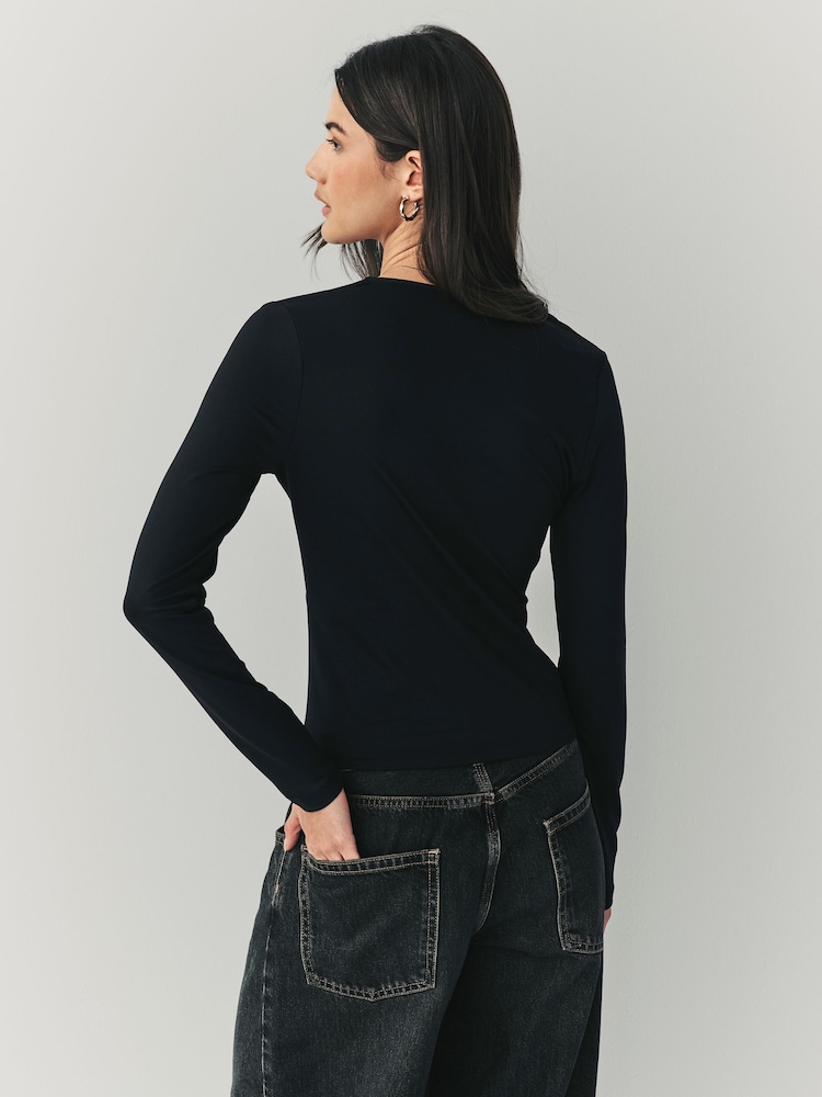 Black Soft Touch Polyamide Long Sleeve V-Neck Top - Image 2 of 7