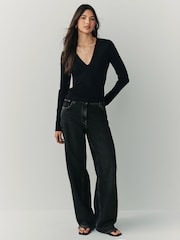Black Soft Touch Polyamide Long Sleeve V-Neck Top - Image 3 of 7