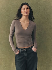 Mink Brown Soft Touch Polyamide Long Sleeve V-Neck Top - Image 1 of 7