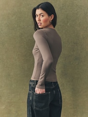 Mink Brown Soft Touch Polyamide Long Sleeve V-Neck Top - Image 3 of 7