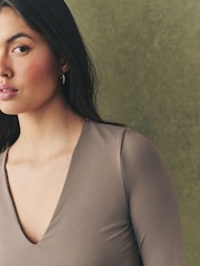Mink Brown Soft Touch Polyamide Long Sleeve V-Neck Top - Image 4 of 7