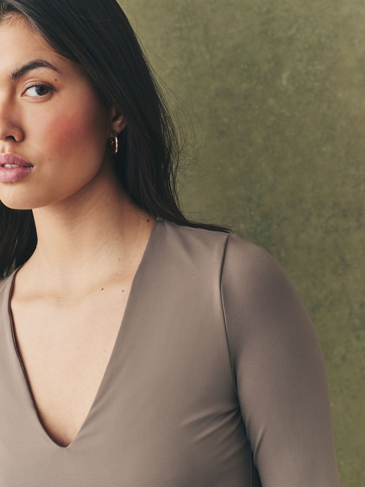 Mink Brown Soft Touch Polyamide Long Sleeve V-Neck Top - Image 4 of 7