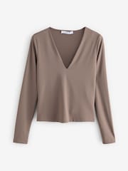 Mink Brown Soft Touch Polyamide Long Sleeve V-Neck Top - Image 5 of 7
