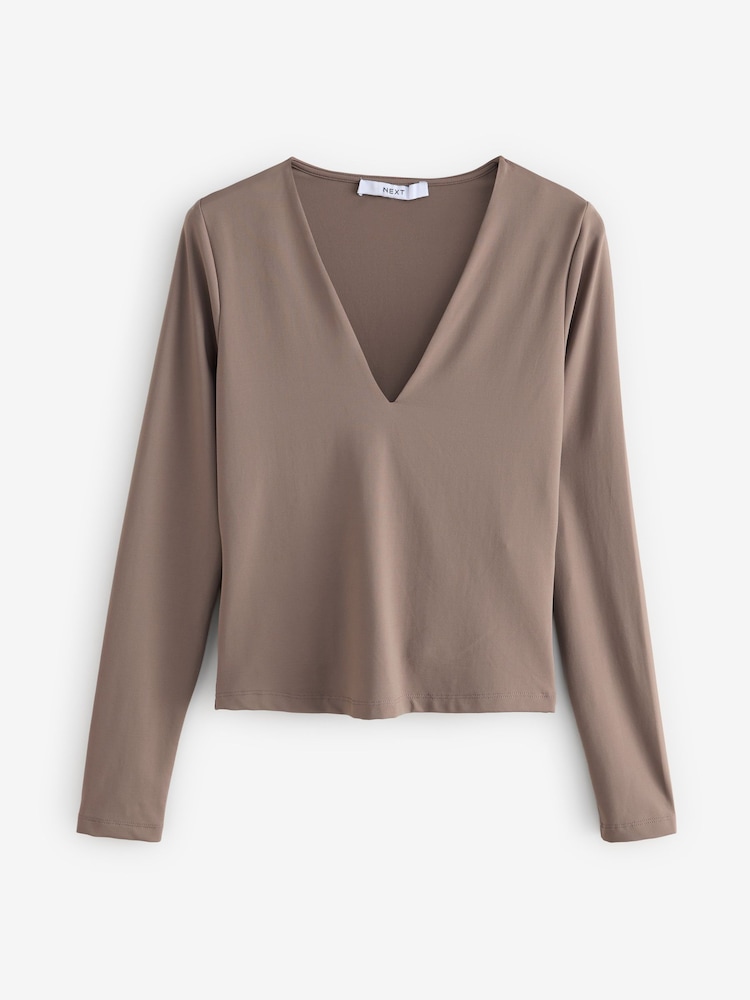 Mink Brown Soft Touch Polyamide Long Sleeve V-Neck Top - Image 5 of 7