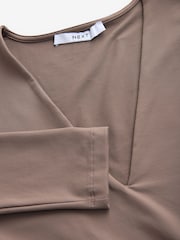Mink Brown Soft Touch Polyamide Long Sleeve V-Neck Top - Image 6 of 7