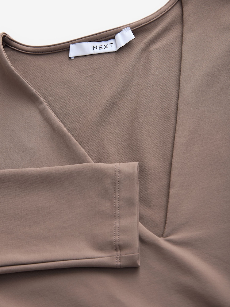 Mink Brown Soft Touch Polyamide Long Sleeve V-Neck Top - Image 6 of 7