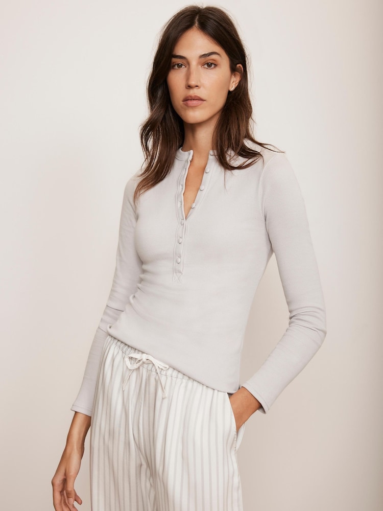 Mint Velvet Grey Cotton Blend Henley Button Top - Image 2 of 7 Mint Velvet Grey Cotton Blend Henley Button Top - Image 2 of 7