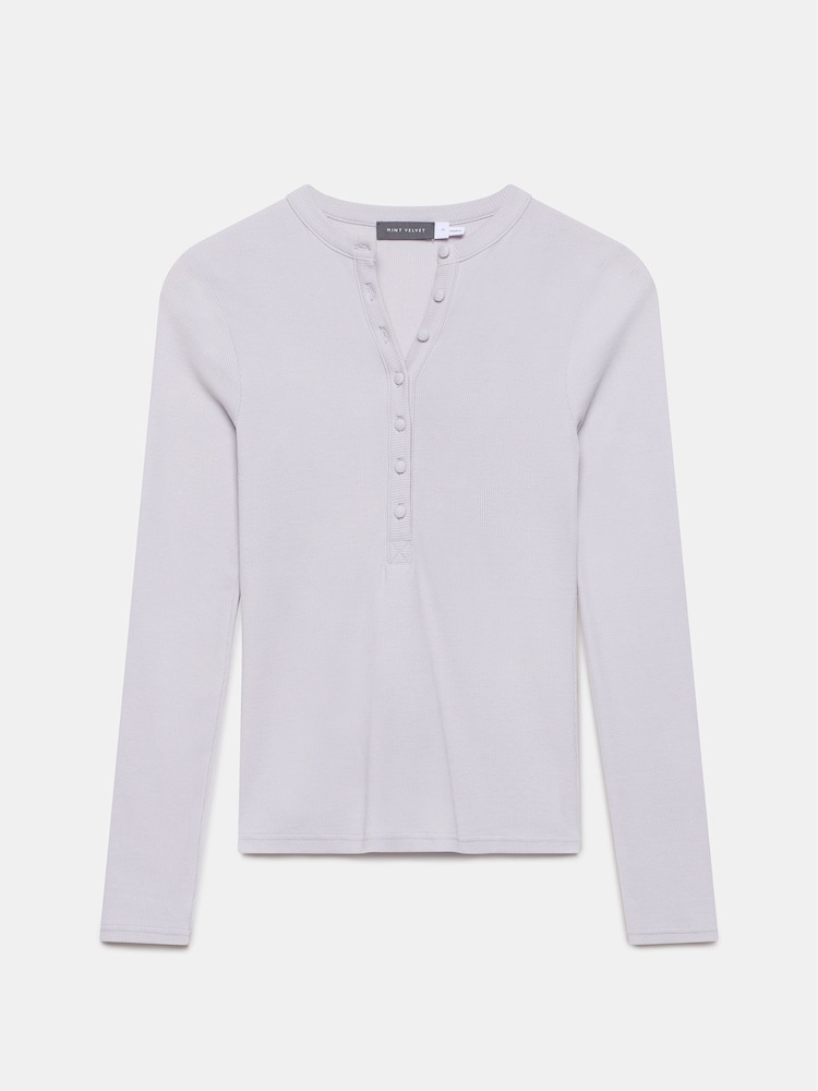 Mint Velvet Grey Cotton Blend Henley Button Top - Image 6 of 7