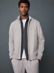 Neutral Smart Soft Touch Funnel Neck Shacket With Faux Suede Trim Detail - Image 1 of 11