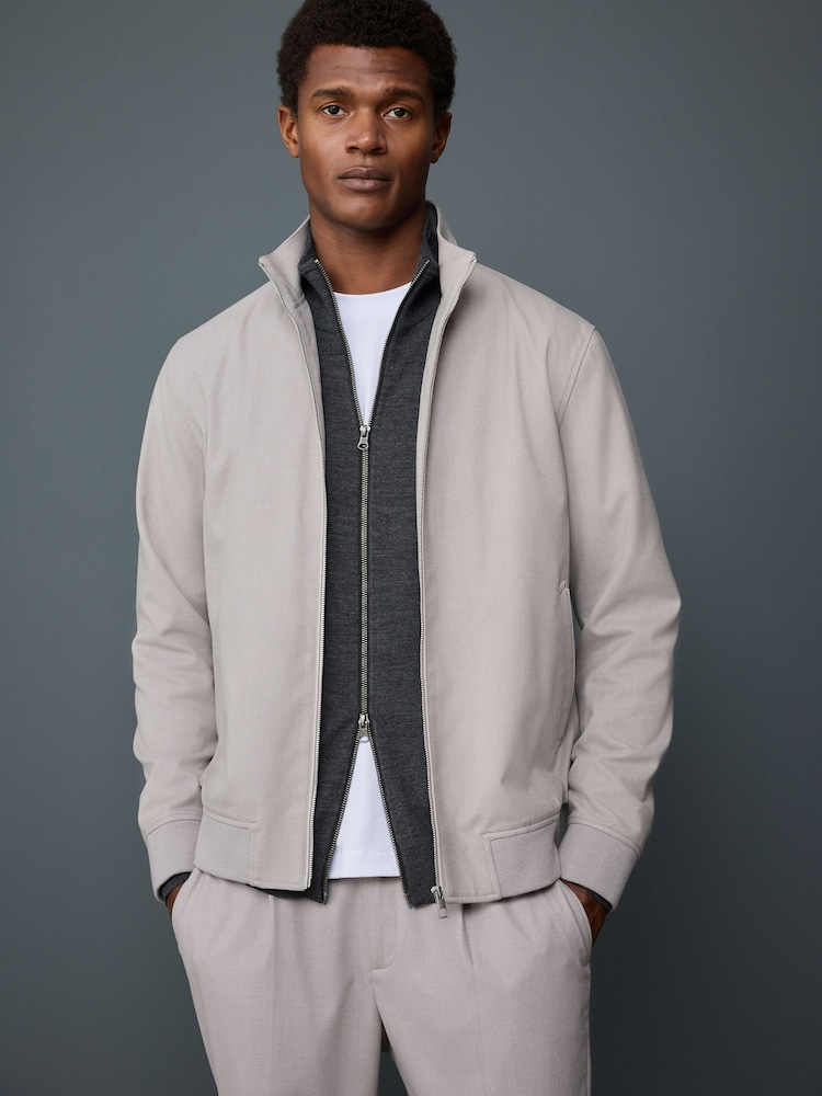 Neutral Smart Soft Touch Funnel Neck Shacket With Faux Suede Trim Detail - Image 1 of 11