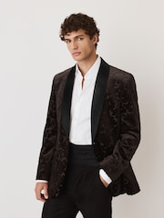 Brown Slim Fit Premium Floral Devore Velvet Blazer - Image 1 of 10